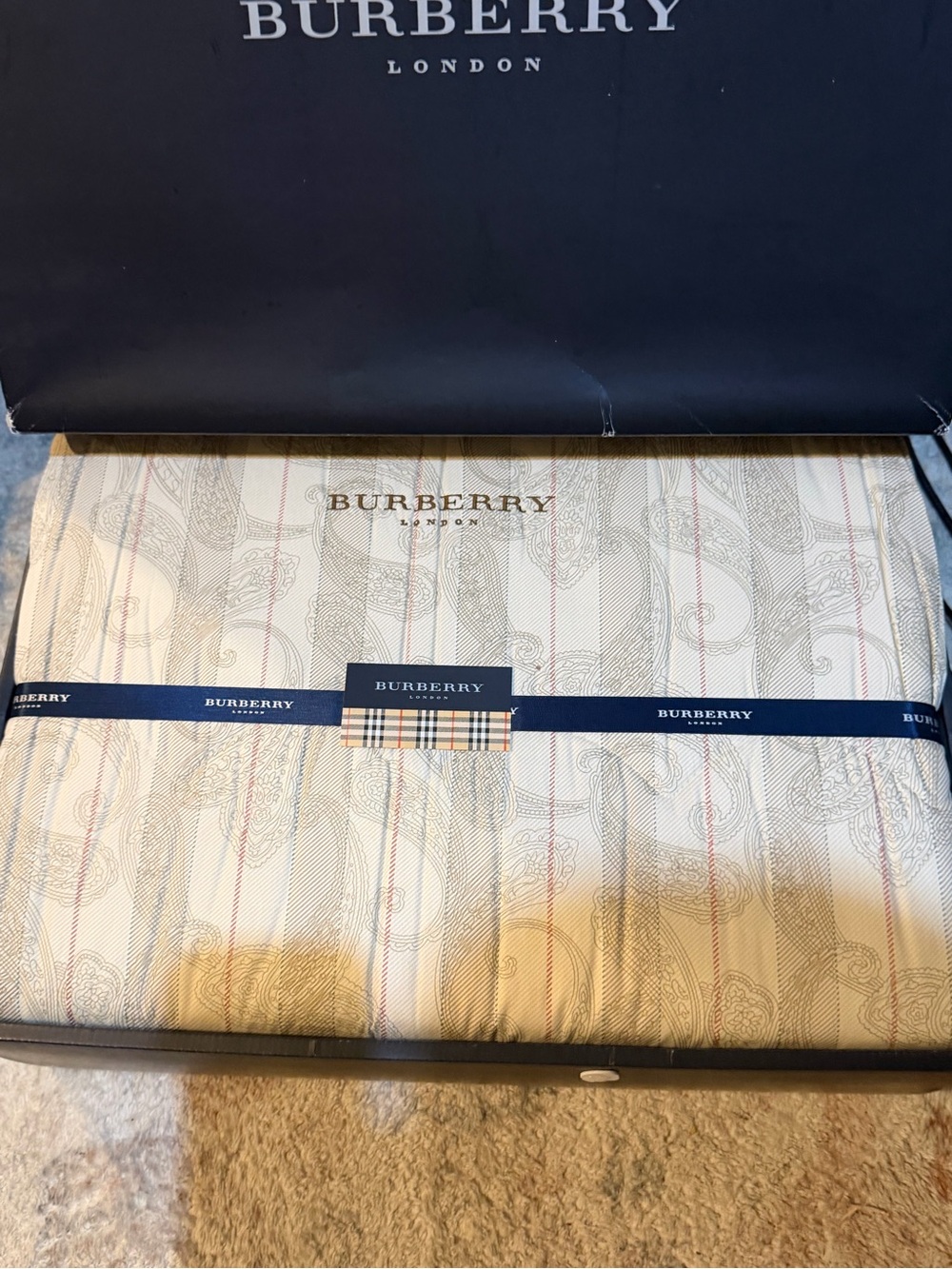 Burberry Cream and Gray Paisley Stripe Blanket NIB